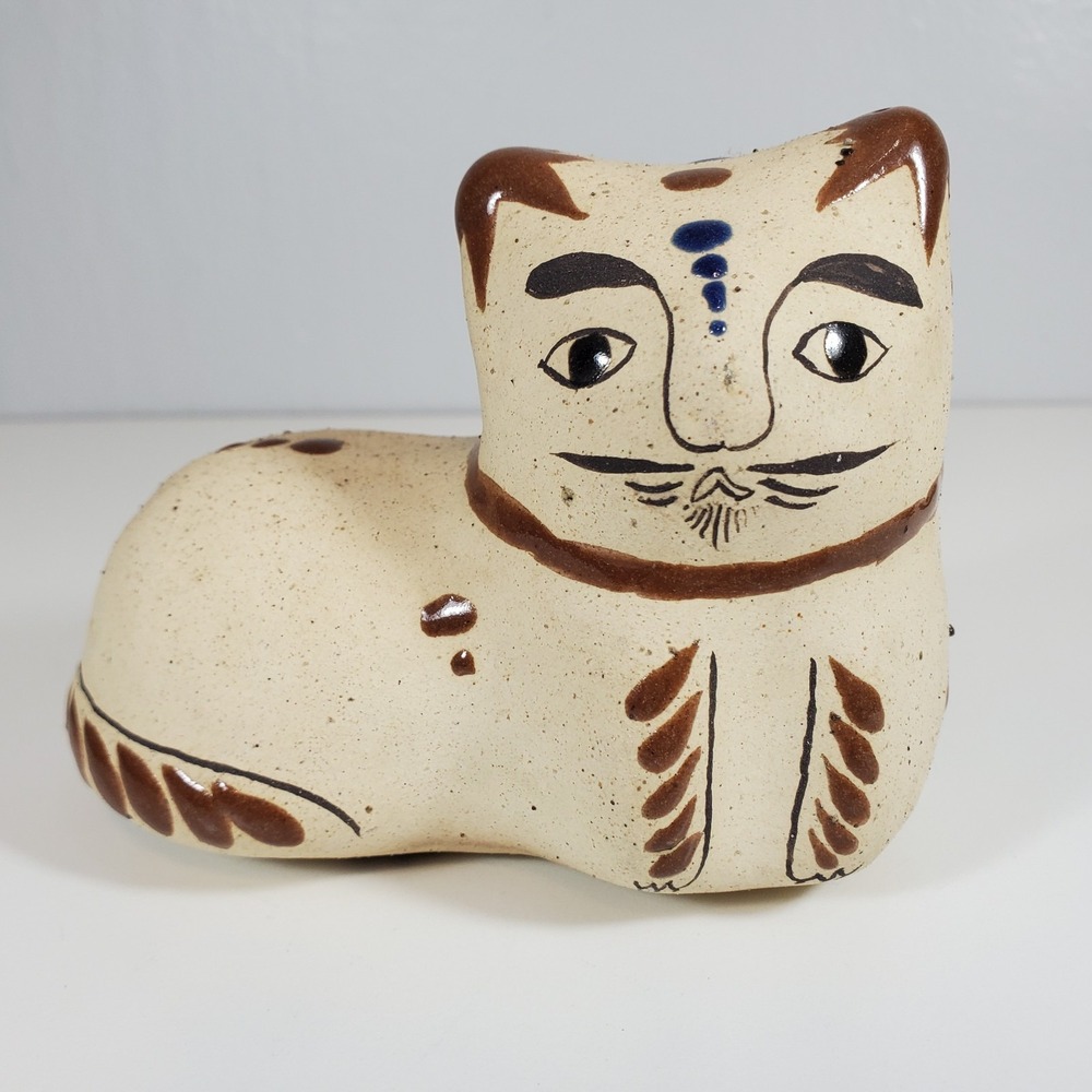 Vintage Tonala Mexican Cat Figurine Floral Hand Painted Mexico Folk Art Pottery
